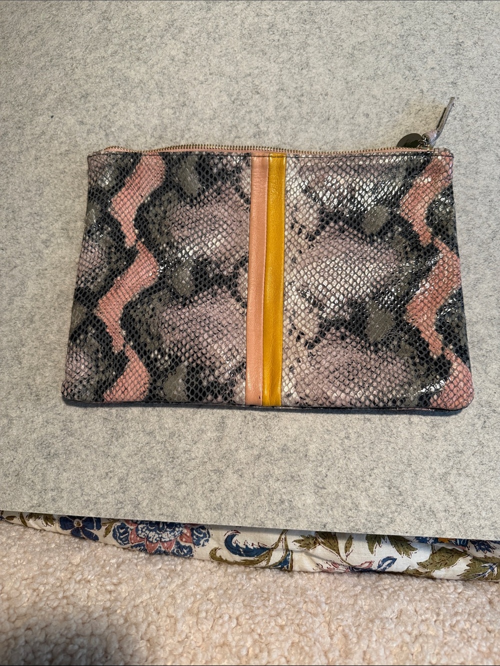 Snake-Print Zip Clutch in Pink, Gray & Mustard Stripe